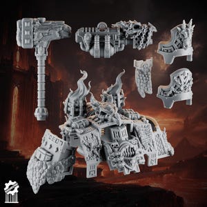 May include: A grey resin miniature kit featuring a large armoured torso with flame motifs, a heavy hammer, a weapon with chains, and two shoulder pauldrons. The components display intricate mechanical details, skull ornaments, and textured armour plates.