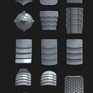 Può includere: Una collezione di quattordici componenti di armatura individuali in plastica grigia disposti in una griglia. Il set include varie piastre rettangolari, curve e circolari con dettagli in rilievo, rivetti e texture a strati per modelli in miniatura.