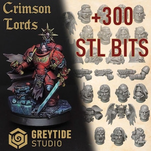 May include: A detailed miniature figure of a warrior in red armor, holding a sword and a chalice, with the text "Crimson Lords" and "+300 STL BITS". The figure is on a stone base, with the "GREYTIDE STUDIO" logo.
