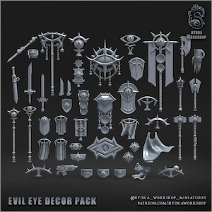 Può includere: Una collezione di accessori di gioco in miniatura grigi che include varie armi, scudi, stendardi ed emblemi, molti decorati con un motivo a occhio centrale. Il set comprende spade, mazze, asce e placche decorative in una finitura grigio opaco.