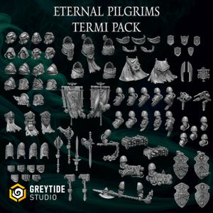 Puede incluir: Una colección de figuras y accesorios en miniatura, que incluyen cascos, hombreras, estandartes, armas y escudos. El texto "ETERNAL PILGRIMS TERMI PACK" se muestra en la parte superior. El logotipo de GreyTide Studio está en la parte inferior.