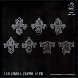 May include: A selection of grey, gothic-style reliquary decor pieces. Each piece features a skull design and architectural details. The text "RELIQUARY DECOR PACK" is visible at the bottom. The Hydra Workshop logo is in the upper right corner.