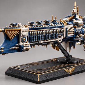 May include: A detailed miniature model of a blue, white, and gold spaceship featuring an eagle figurehead at the prow, multiple gun turrets along the hull, and a central skull emblem. The model is mounted on a black rectangular display base.