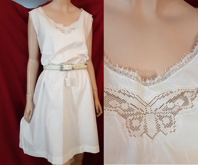 Old HAND MADE SWEDISH Cotton Day Dress w Battenberg and Lace Details Bust 46 Blouson Style White Cotton