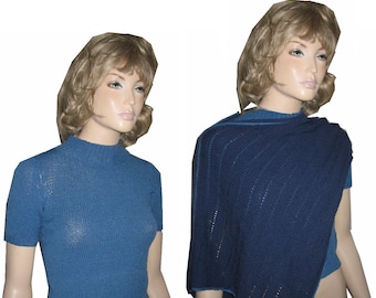 Custom, Handknit Pullover Sweater & Diagonal Poncho Set in Blue on Blue XS