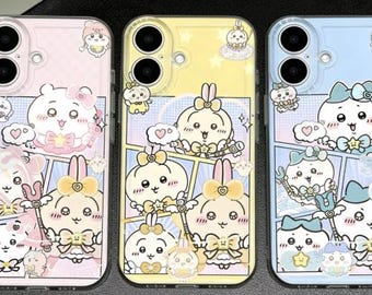 May include: Three phone cases with cartoon illustrations. The cases are pink, yellow, and blue. Each case features a different design with cute characters, bows, and stars. The cases have a clear border and are designed for a smartphone.