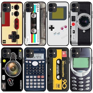 May include: Collection of phone cases with retro designs. Includes cases styled as a video game controller, cassette tape, handheld game console, camera, calculator, and a classic mobile phone.