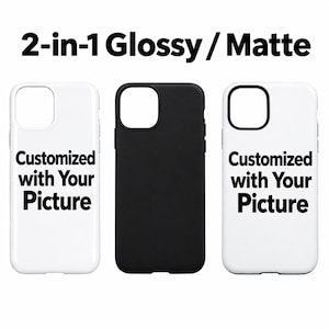May include: Three phone cases arranged in a row. The left and right cases are white with the black text 'Customized with Your Picture'. The center case is solid black. Above the cases, the text reads '2-in-1 Glossy / Matte'.