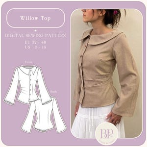 Willow Top ''asymmetrical shirt, peter pan collar, bell sleeve, side waist pleats,'' PDF Sewing Pattern A4, US LETTER, A0 with 9 sizes