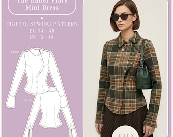 Asymetryczna koszula Y2K w formacie PDF, wykrój do szycia, format A4, rozmiar US LETTER, 8 rozmiarów