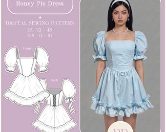 Sukienka Honey Pie, mini sukienka z bufiastymi rękawami i falbanką, wykrój do szycia w formacie PDF A4, format US LETTER, 9 rozmiarów