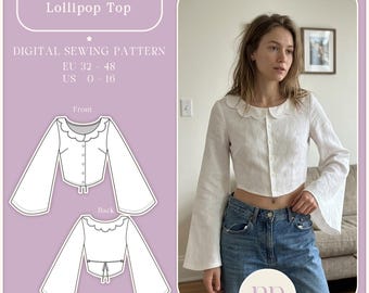 Top z lizakiem, krótki top z kołnierzykiem Piotruś Pan i rękawami dzwonkowymi, wykrój do szycia w formacie PDF, format A4, format US LETTER, 8 rozmiarów