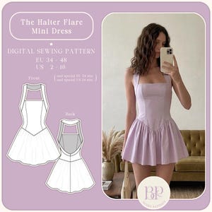 The Halter Flare Mini Dress PDF Sewing Pattern A4, US LETTER with 9 sizes