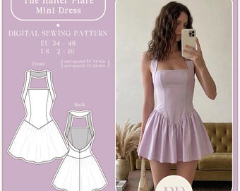 The Halter Flare Mini Dress PDF Sewing Pattern A4, US LETTER with 9 sizes