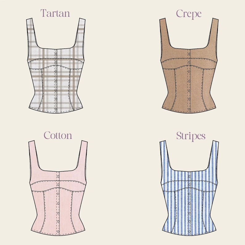 May include: Four corset tops with square necklines are shown. The tops are labelled "Tartan", "Crepe", "Cotton", and "Stripes". The "Tartan" top has a plaid pattern, the "Crepe" top is tan, the "Cotton" top is pink, and the "Stripes" top is blue and white.