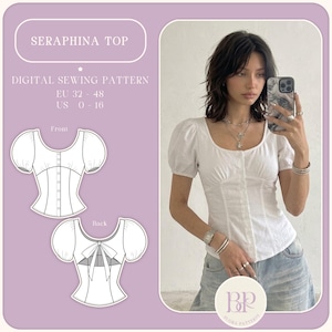 Seraphina Topp, Blus med knytband och puffärm PDF Symönster A4, US LETTER med 9 storlekar