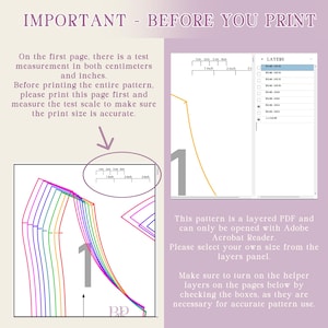May include: A digital sewing pattern instruction graphic titled IMPORTANT - BEFORE YOU PRINT. It features a test measurement scale in inches and centimeters, a layered PDF panel for Adobe Acrobat Reader, and a multi-colored line pattern diagram.