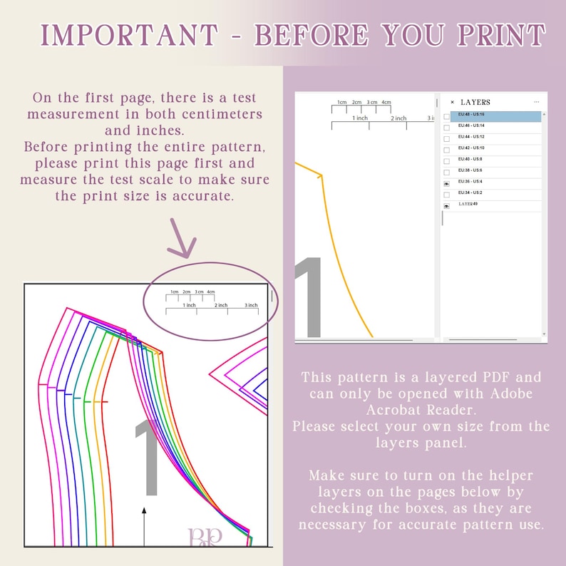 May include: A digital sewing pattern instruction graphic titled IMPORTANT - BEFORE YOU PRINT. It features a test measurement scale in inches and centimeters, a layered PDF panel for Adobe Acrobat Reader, and a multi-colored line pattern diagram.