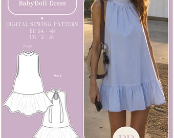 Babydoll-Kleid-Schnittmuster (PDF) im A4- und US-Letter-Format mit 8 Größen