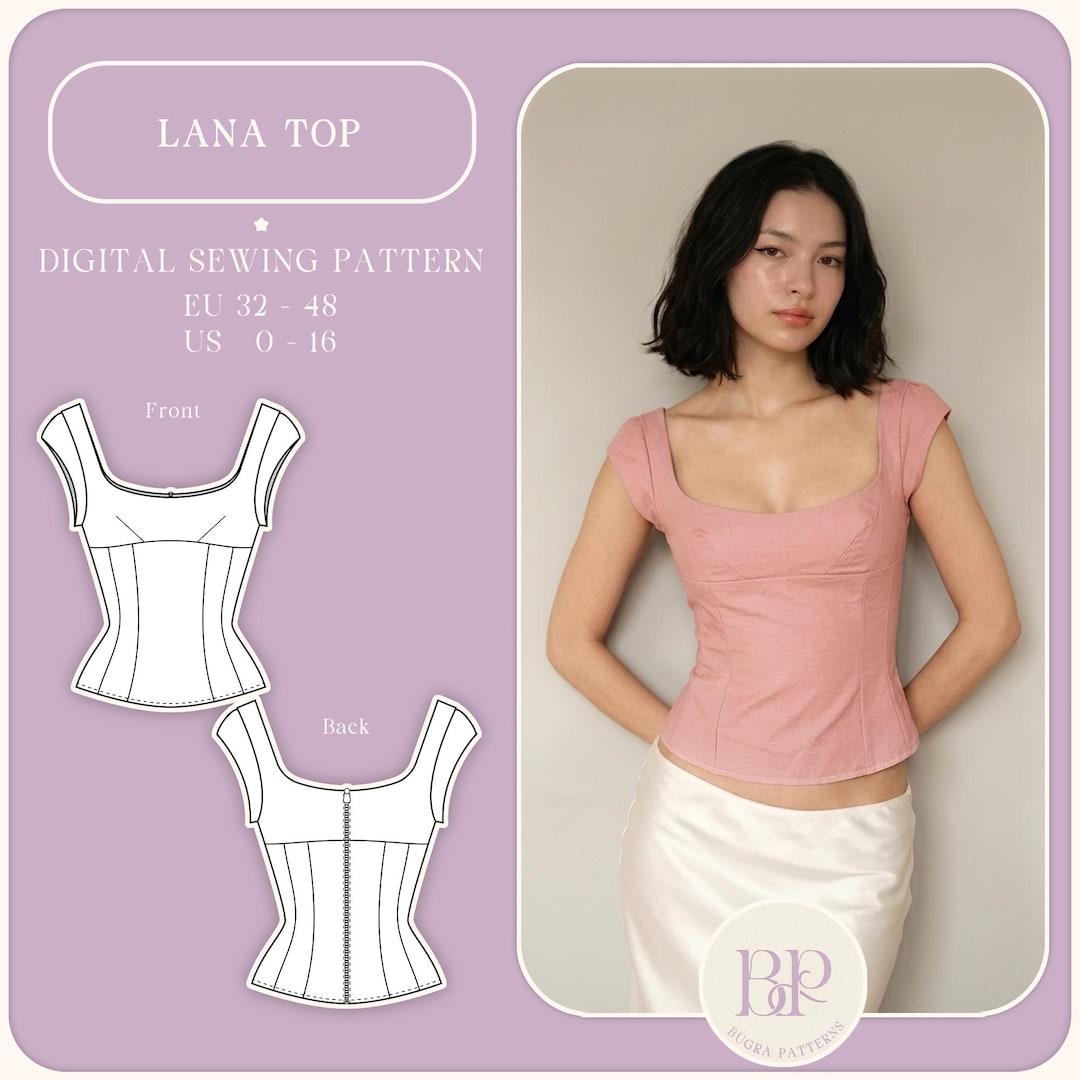 Lana Top, ''Square Neck and Cap Sleeve Cute Blouse'' PDF Sewing Pattern A4, US LETTER, A0 