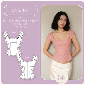 Könnte beinhalten: Ein rosa Lana-Top mit quadratischem Ausschnitt und kurzen Ärmeln. Das Bild enthält ein digitales Schnittmuster mit Vorder- und Rückansicht des Tops. Der Text auf dem Bild lautet "LANA TOP" und "DIGITAL SEWING PATTERN".