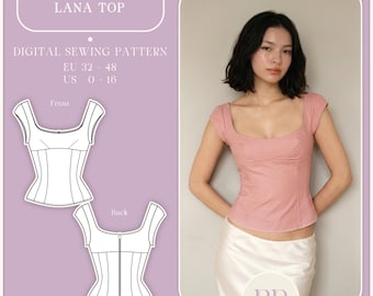 Lana Top, ''Square Neck and Cap Sleeve Cute Blouse'' PDF Sewing Pattern A4, US LETTER, A0 with 9 sizes