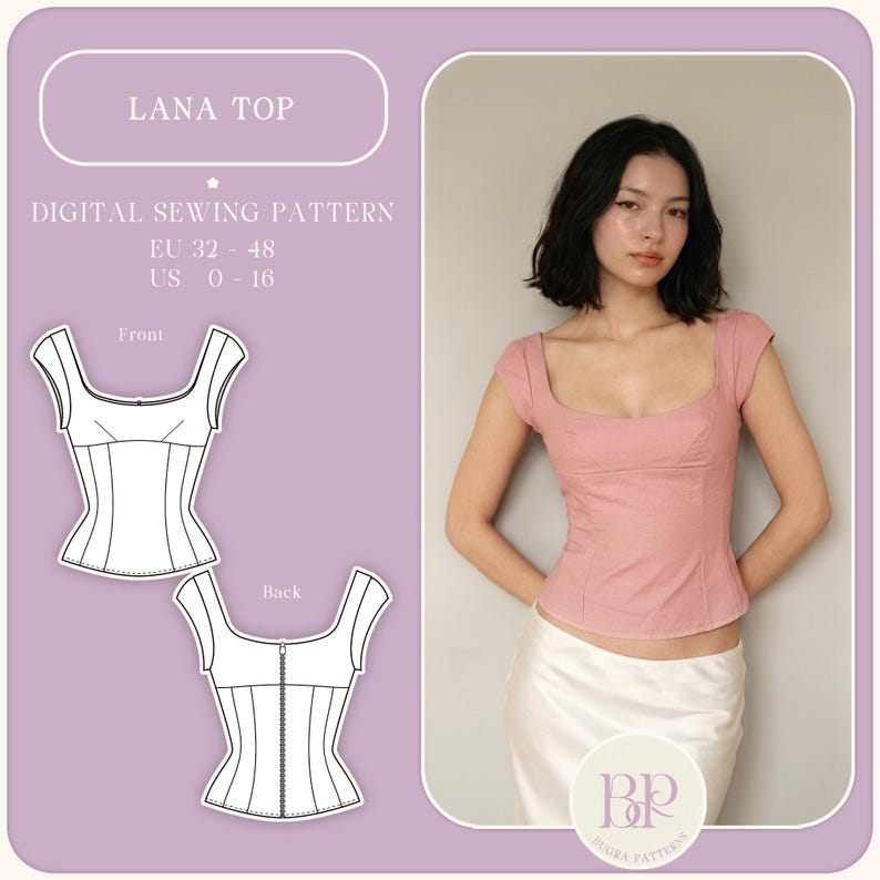 May include: A pink Lana top with a square neckline and cap sleeves. The image includes a digital sewing pattern with front and back views of the top. The text on the image reads "LANA TOP" and "DIGITAL SEWING PATTERN".