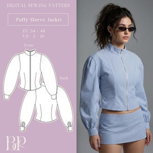 May include: A woman in a blue and white striped jacket and skirt. The jacket features a high collar and a zip. The image also displays a digital sewing pattern for a puffy sleeve jacket, with size details.