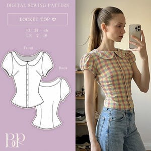 Locket Top ''puff sleeve and peter pan collar, button-down blouse'' PDF Sewing Pattern A4, US LETTER with 8 sizes