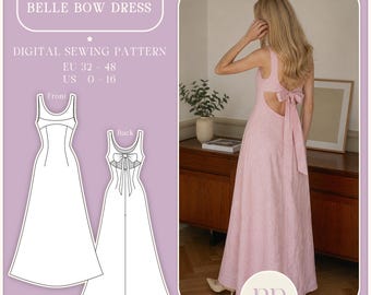Belle Bow Dress "open back tie-bow, sleeveless princess line maxi dress" PDF Sewing Pattern A4, US LETTER with 9 sizes