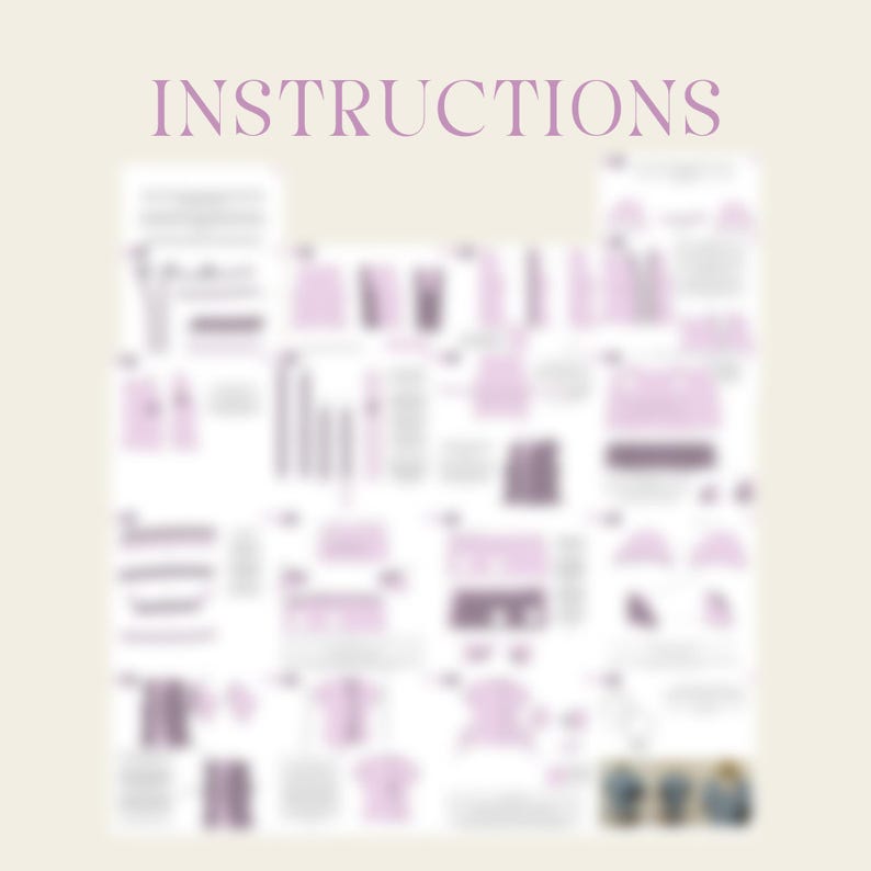 May include: A document titled INSTRUCTIONS featuring a grid of blurred diagrams and text blocks. The layout includes multiple numbered sections with various shapes and icons, presented in a light purple color scheme on a cream background.