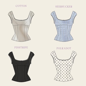 May include: Four corset top designs are displayed, each with a different fabric pattern. The top left is labeled "COTTON" and is a solid beige color. The top right is "SEERSUCKER" with blue and white stripes. The bottom left is "PINSTRIPE" in black. The bottom right is "POLKADOT" with black dots.