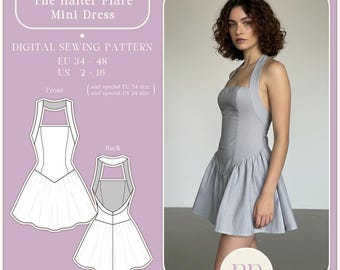 Sukienka mini z rozkloszowanym dekoltem typu halter, wzór do szycia w formacie PDF, format A4, format US LETTER, 9 rozmiarów
