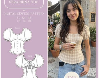 Seraphina Top, Tie-Back Puff Sleeve Blouse PDF Sewing Pattern A4, US LETTER with 9 sizes