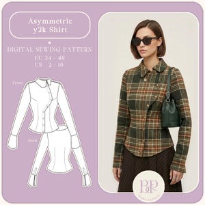 Op de afbeelding: Een afbeelding van een asymmetrisch y2k-shirt. De afbeelding bevat een digitaal naaipatroon met maten EU 34-48 en US 2-16. Het shirt is afgebeeld in een ruitpatroon en is geknoopt. De afbeelding bevat ook een lijntekening van het shirt.