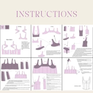 May include: A sewing pattern instruction sheet for a corset, featuring diagrams and text. The word "INSTRUCTIONS" is displayed in light purple at the top. The diagrams illustrate the steps and components required for sewing the corset.