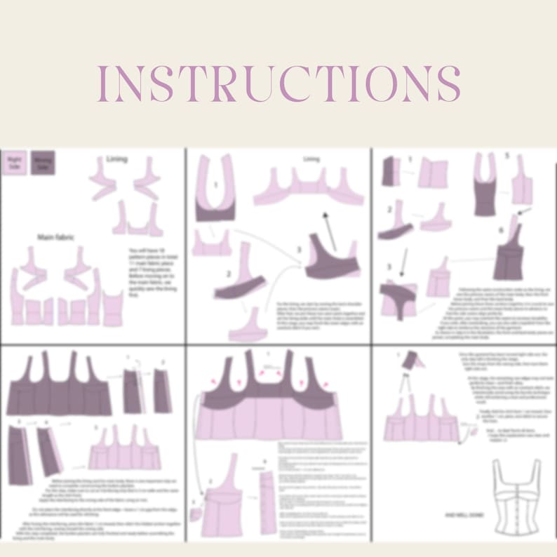 May include: A sewing pattern instruction sheet for a corset, featuring diagrams and text. The word "INSTRUCTIONS" is displayed in light purple at the top. The diagrams illustrate the steps and components required for sewing the corset.