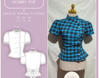Audrey Top, ''asymmetrical shirt, mock neck, puff sleeve, bow tie back, y2k shirt'' PDF Sewing Pattern A4, US LETTER, A0 with 9 sizes