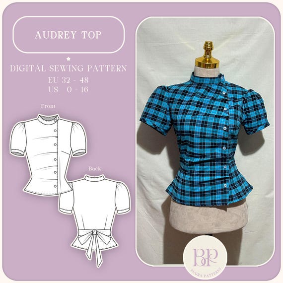 Audrey Top, ''asymmetrical shirt, mock neck, puff sleeve, bow tie back, y2k shirt'' PDF Sewing Pattern A4, US LETTER, A0 with 9 sizes