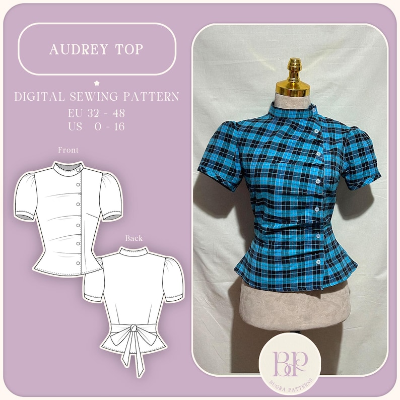 Audrey Top, ''asymmetrical shirt, mock neck, puff sleeve, bow tie back, y2k shirt'' PDF Sewing Pattern A4, US LETTER, A0 with 9 sizes