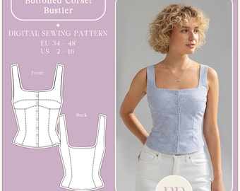 Gorset zapinany na guziki, wykrój PDF, format A4, format US LETTER, 8 rozmiarów (zaktualizowany wykrój)