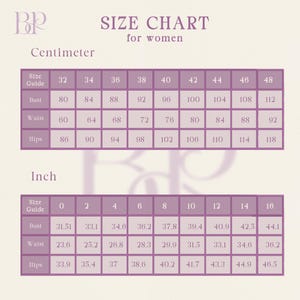 May include: A size chart for women featuring two tables with purple grid lines and text on a light background. The top table displays measurements in centimeters for sizes 32 to 48, while the bottom table shows measurements in inches for sizes 0 to 16.