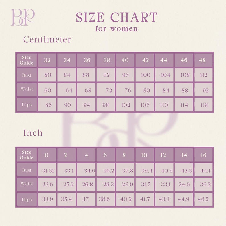 May include: A size chart for women featuring two tables with purple grid lines and text on a light background. The top table displays measurements in centimeters for sizes 32 to 48, while the bottom table shows measurements in inches for sizes 0 to 16.
