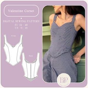 Könnte beinhalten: Ein digitales Schnittmuster für ein Valentine-Korsett. Das Bild zeigt eine Frau, die ein marineblaues Korsett-Top mit Polka-Dots trägt. Das Muster enthält Vorder- und Rückansichten des Korsett-Designs. Das Muster ist in den EU-Größen 32-48 und US-Größen 0-16 erhältlich.