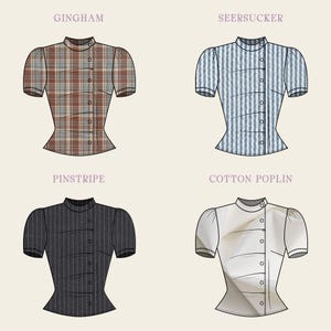 May include: Four short-sleeved blouses with high collars and side button closures. The top left is brown plaid labeled GINGHAM, top right is blue and white striped labeled SEERSUCKER, bottom left is black pinstripe labeled PINSTRIPE, and bottom right is solid white labeled COTTON POPLIN.
