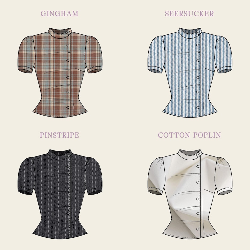 May include: Four short-sleeved blouses with high collars and side button closures. The top left is brown plaid labeled GINGHAM, top right is blue and white striped labeled SEERSUCKER, bottom left is black pinstripe labeled PINSTRIPE, and bottom right is solid white labeled COTTON POPLIN.