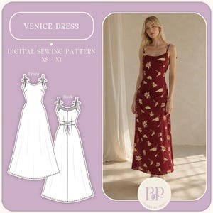 May include: A digital sewing pattern for the Venice Dress in sizes XS to XL. The image displays a maroon floor-length dress with a cream-coloured floral print, featuring thin shoulder straps, and a technical line drawing showing front and back views.