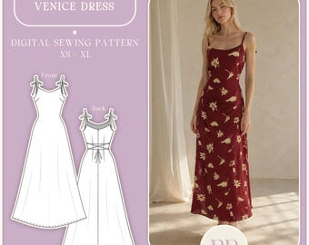 Venice Dress "maxi a-line slip dress, tie-up shoulder straps, lace-up back'' PDF Sewing Pattern A4, US LETTER with 5 sizes