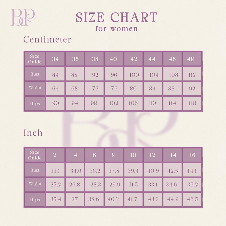 May include: A size chart for women, displaying measurements in centimetres and inches. The chart provides bust, waist, and hip measurements, with sizes from 34 to 48 cm and 2 to 16 inches. The text "SIZE CHART for women" is at the top of the chart.