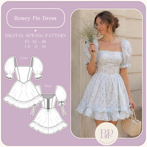 Honey Pie Dress, Puff Sleeve Ruffle Mini Dress, PDF Sewing Pattern A4, US LETTER with 9 sizes